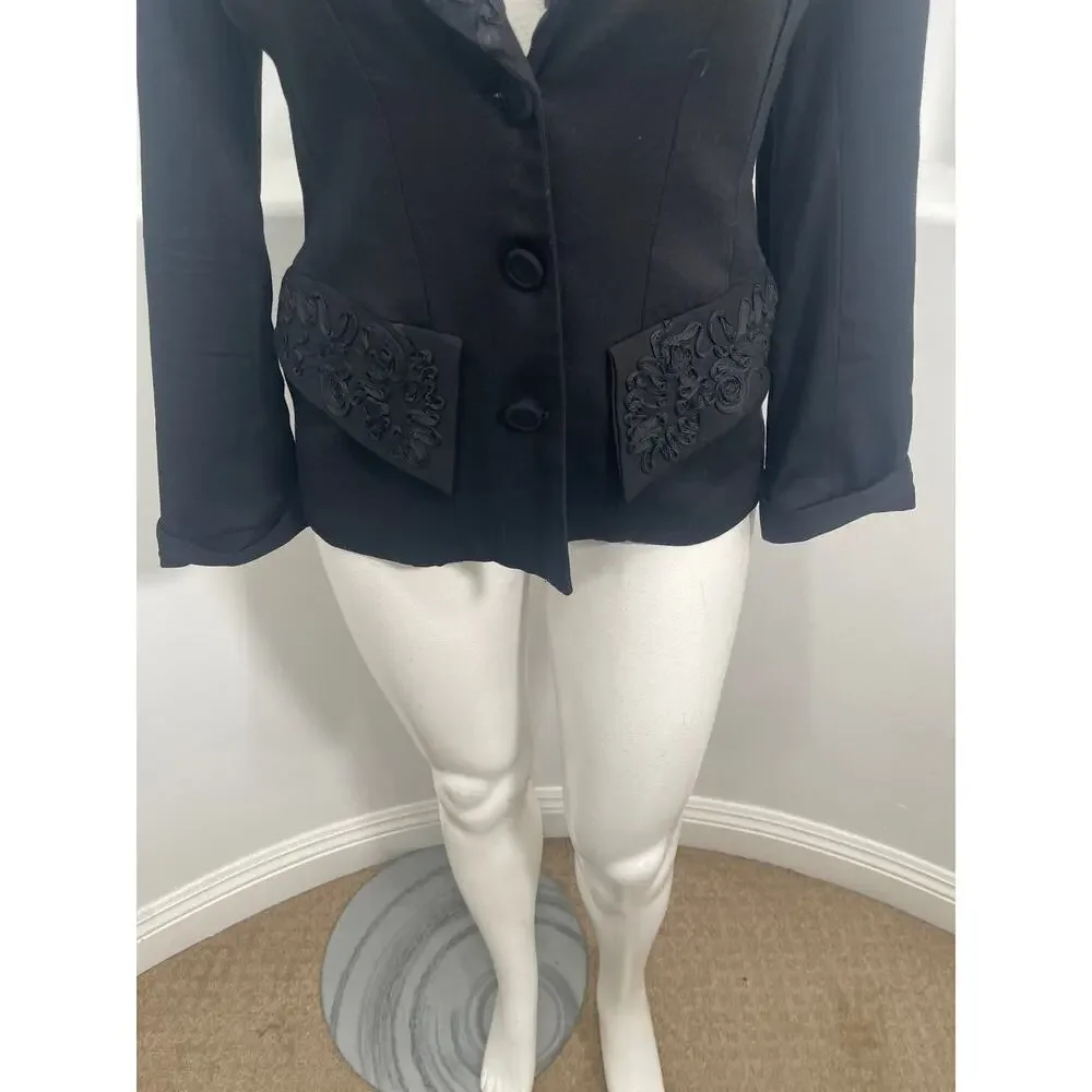 OREA Vintage Women Black Wool Blend Blazer With Embroidery Trim Size 3